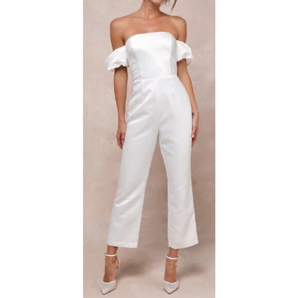 Lulu's Pants - LULU'S L Chic Vow White Satin Off-the-Shoulder Bow Jumpsuit NEW B87